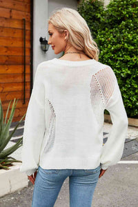 Openwork Round Neck Dropped Shoulder Knit Top