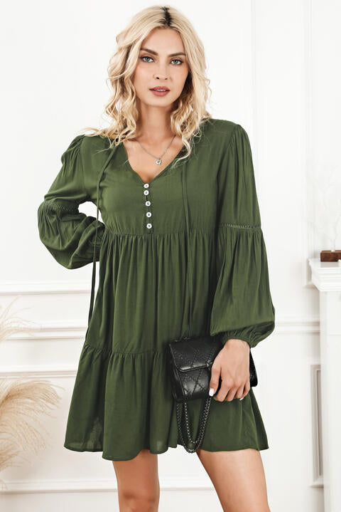 Tie Neck Long Sleeve Tiered Dress