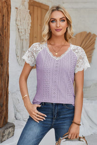 Eyelet V-Neck Lace Short Sleeve T-Shirt