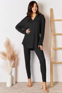 Full Size Notched Long Sleeve Top and Pants Set