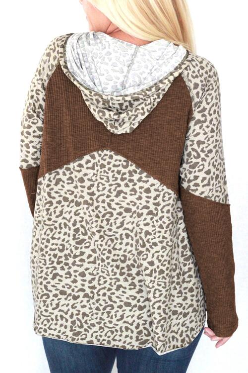 Drawstring Leopard Long Sleeve Hoodie