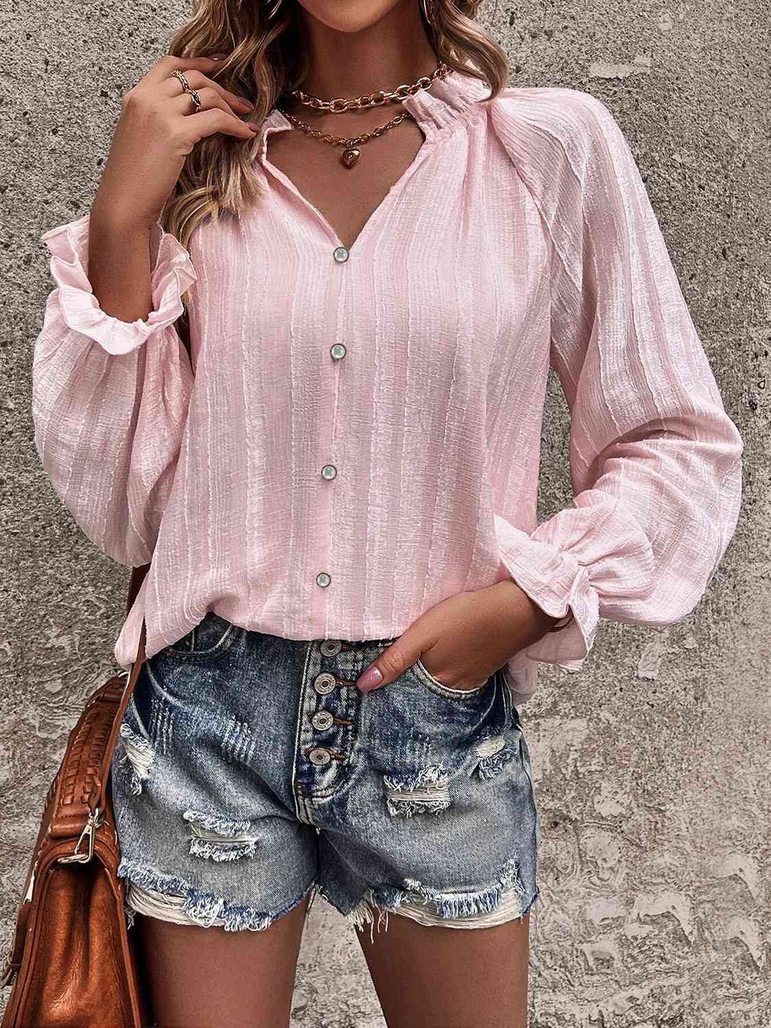 Notched Neck Flounce Sleeve Shirt