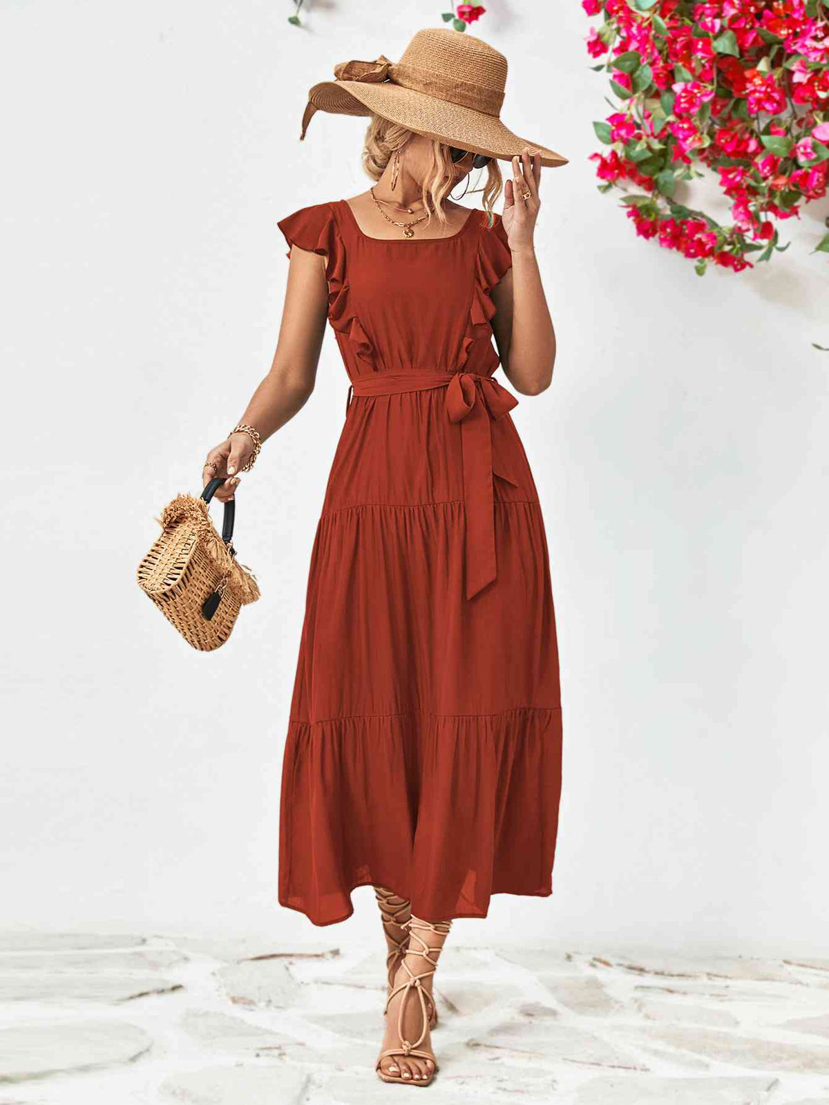 Tie Belt Ruffled Tiered Dress