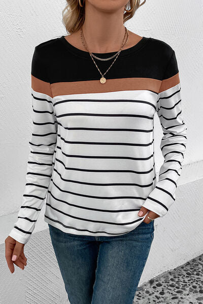 Striped Round Neck Long Sleeve T-Shirt Opaque