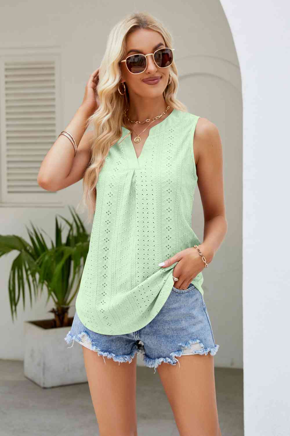 Notched Neck Curved Hem Eyelet Tank