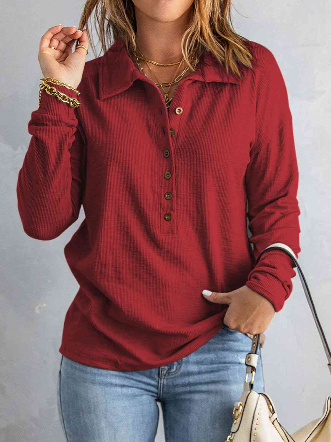 Collared Neck Half Button Top