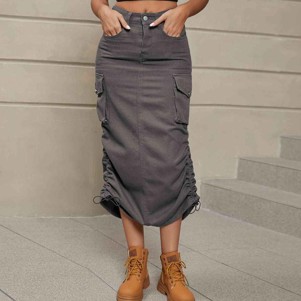 Drawstring Ruched Slit Denim Midi Skirt