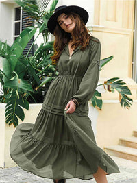 Tie Neck Long Sleeve Midi Tiered Dress