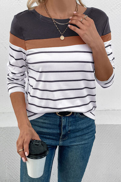 Striped Round Neck Long Sleeve T-Shirt Opaque