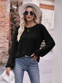 Long Flounce Sleeve Round Neck Blouse