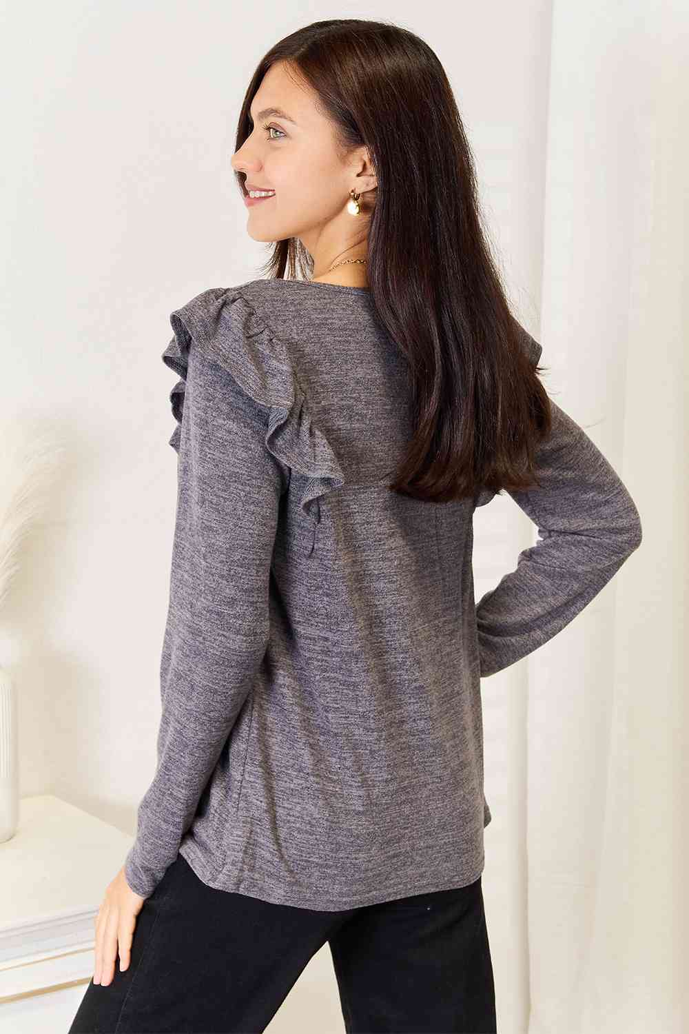 Square Neck Ruffle Shoulder Long Sleeve T-Shirt