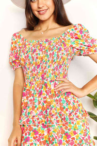 Smocked Sweetheart Neck Flounce Sleeve Mini Dress