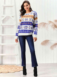 Snowflake Pattern Round Neck Sweater White