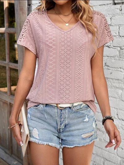 Eyelet V-Neck Short Sleeve T-Shirt