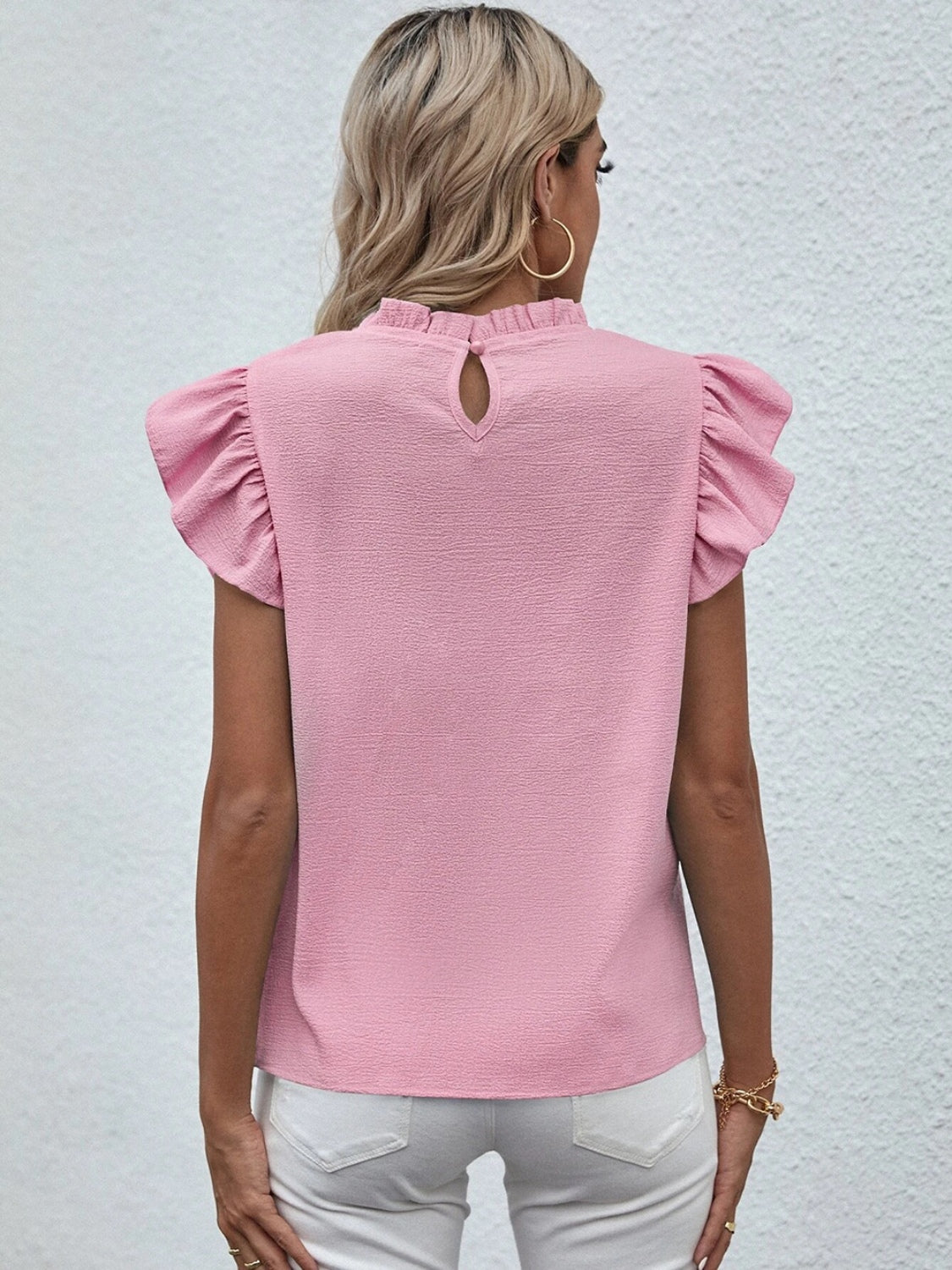 Mock Neck Ruffled Cap Sleeve Blouse