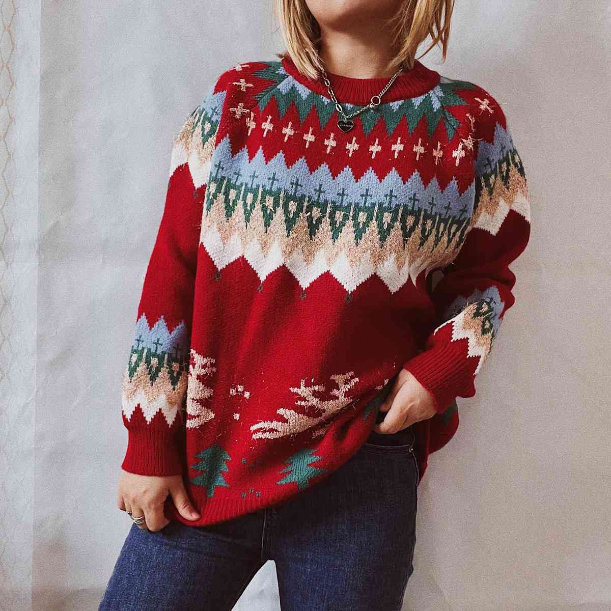 Christmas Element Round Neck Long Sleeve Sweater