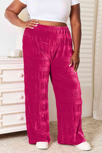 Full Size High Waist Tiered Shirring Velvet Wide Leg Pants