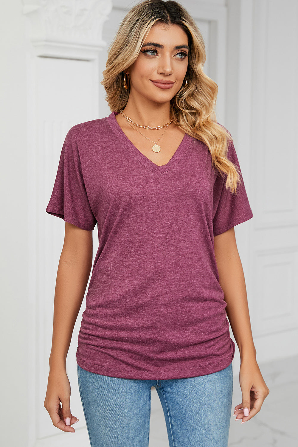 Ruched V-Neck Short Sleeve T-Shirt