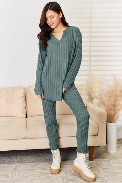 Full Size Notched Long Sleeve Top and Pants Set