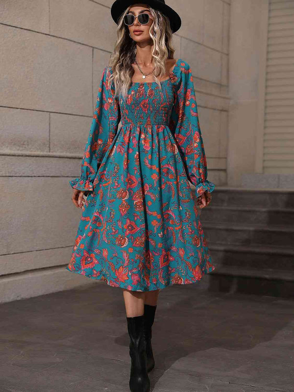 Printed Square Neck Flounce Sleeve Dress