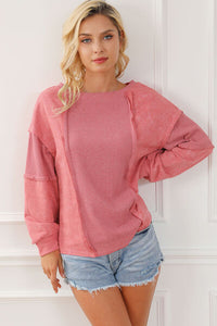 Waffle-Knit Exposed Seam Round Neck Sweatshirt