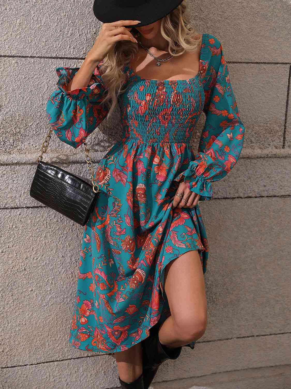 Printed Square Neck Flounce Sleeve Dress