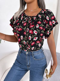 Floral Flutter Sleeve Tie Neck Blouse