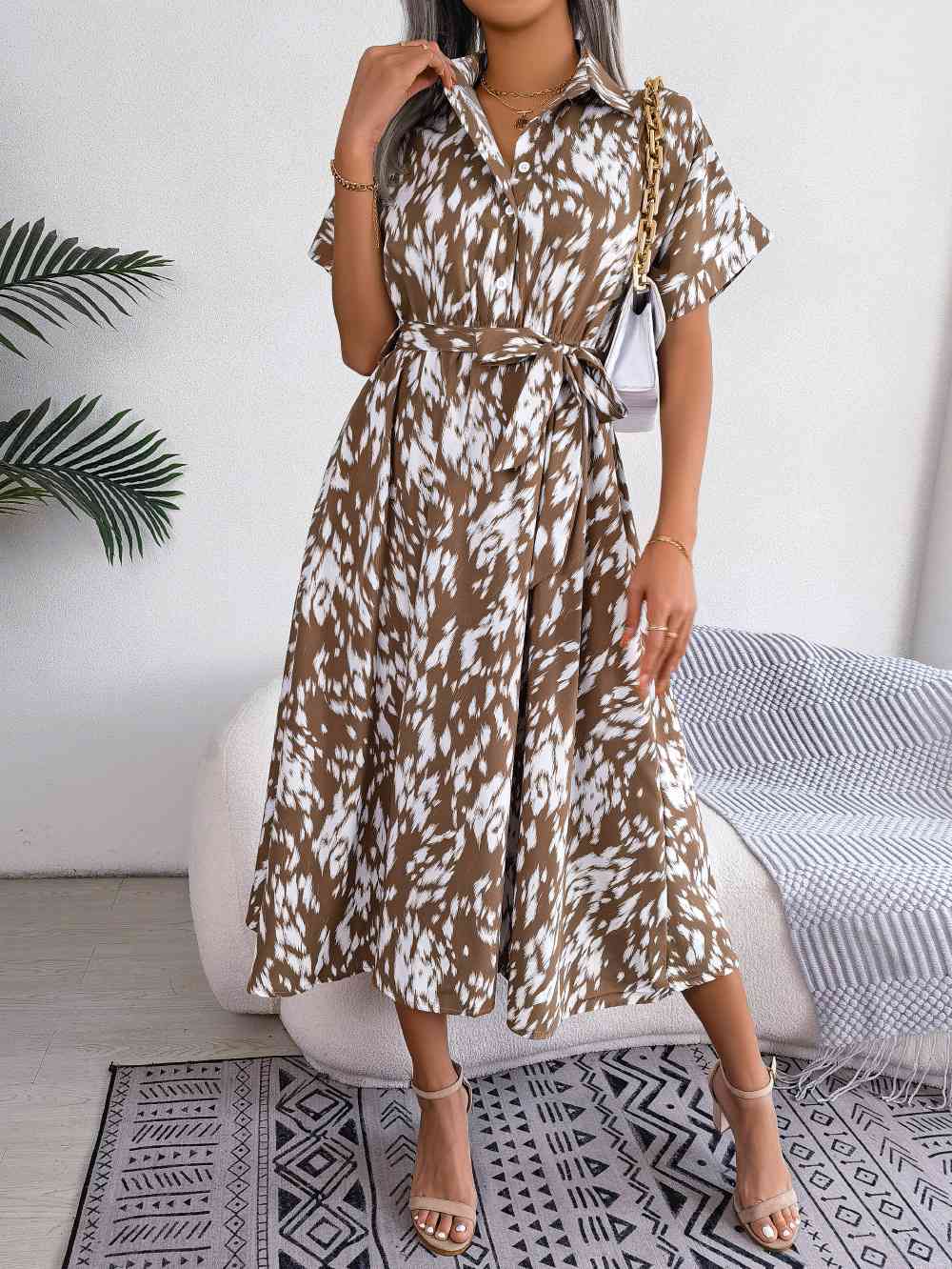 Printed Collared Neck Short Sleeve Tie Waist Dress