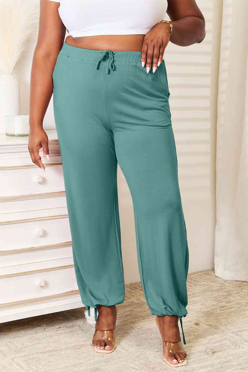 Full Size Soft Rayon Drawstring Waist Pants with Pockets