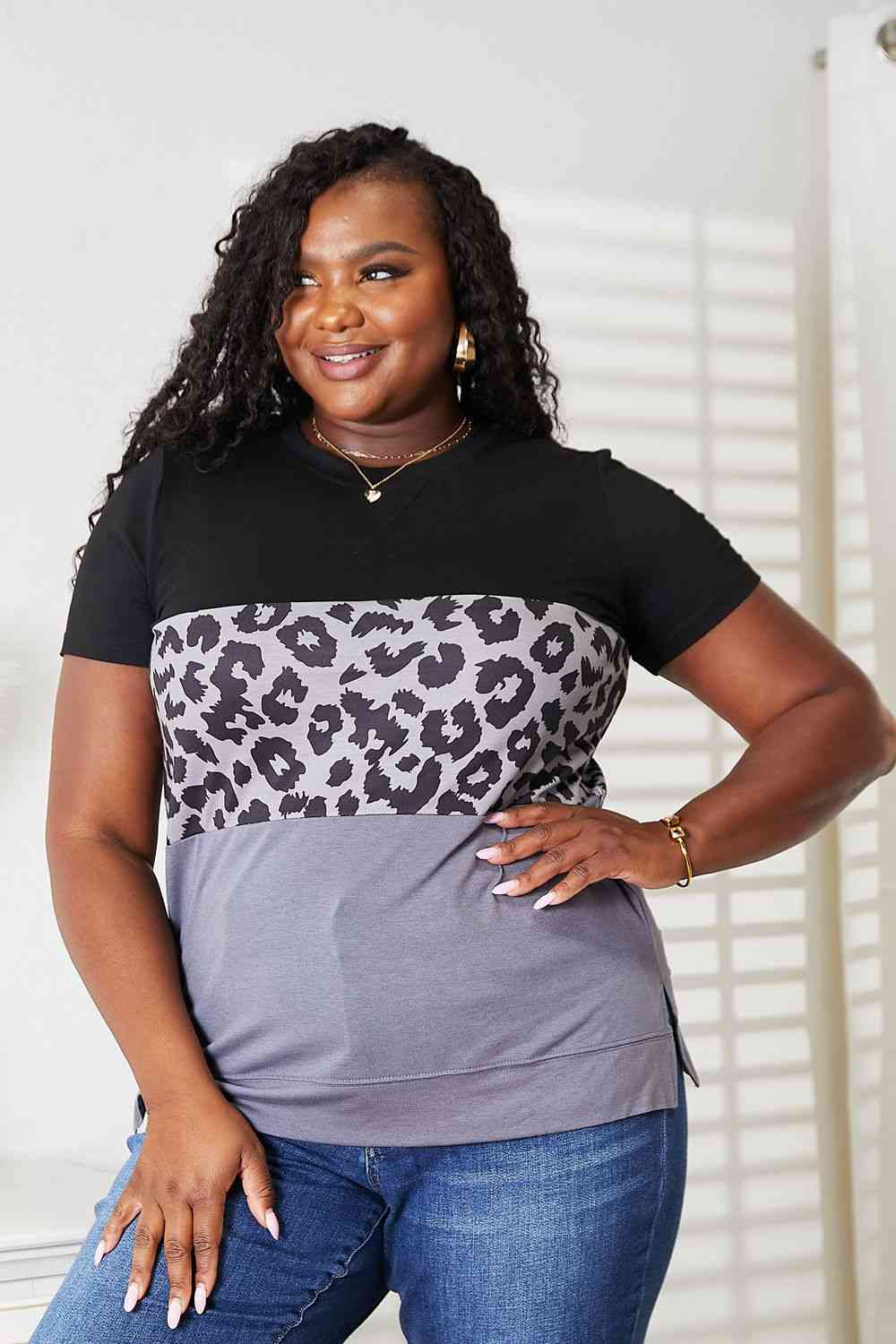 Leopard Print Color Block Short Sleeve T-Shirt