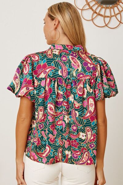 Floral Collared Neck Short Sleeve Blouse