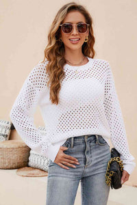 Round Neck Openwork Dropped Shoulder Knit Top