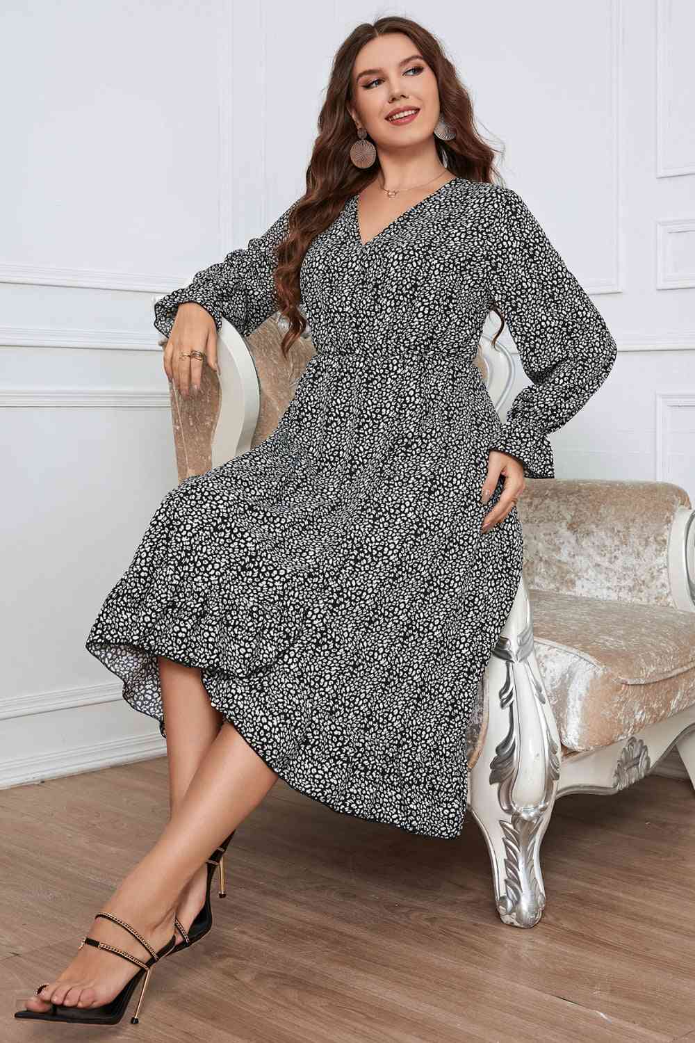 Plus Size Printed V-Neck Flounce Sleeve Midi Dress