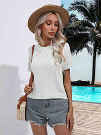 Cable-Knit Short Sleeve Round Neck Knit Top