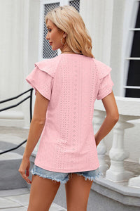 Notched Short Sleeve Eyelet T-Shirt