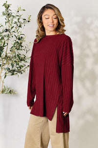 Full Size Ribbed Round Neck Long Sleeve Slit Top