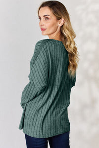 Full Size Ribbed Half Button Long Sleeve T-Shirt