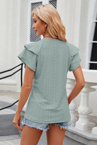 Notched Short Sleeve Eyelet T-Shirt