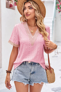 Eyelet V-Neck Short Sleeve T-Shirt