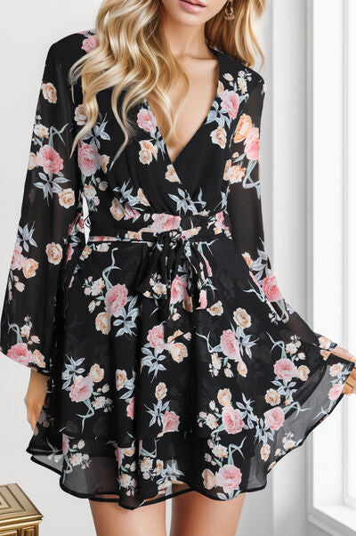 Mini Dress Printed Surplice Balloon Sleeve