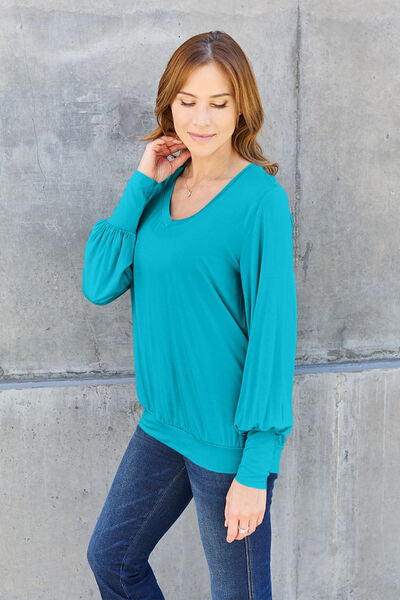 Full Size V-Neck Lantern Sleeve Top