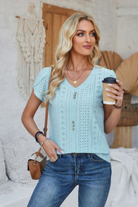 Decorative Button Eyelet V-Neck Short Sleeve T-Shirt