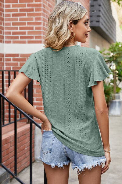 Eyelet V-Neck Flutter Sleeve T-Shirt