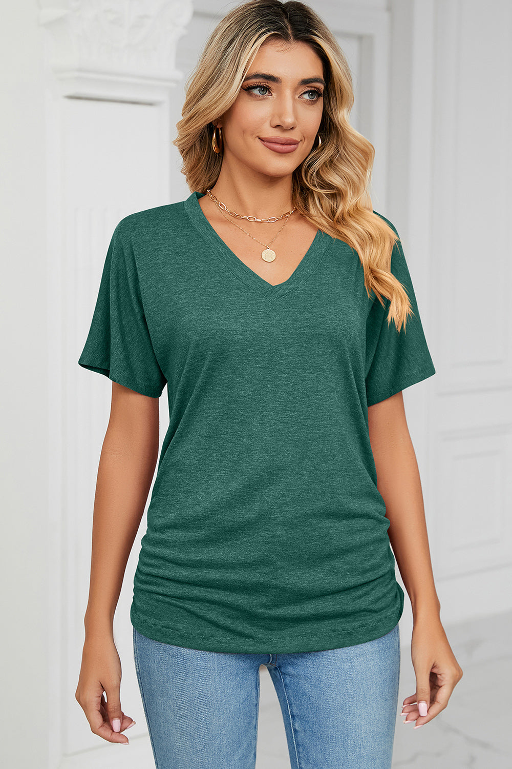 Ruched V-Neck Short Sleeve T-Shirt