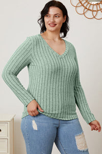 Full Size Ribbed V-Neck Long Sleeve T-Shirt