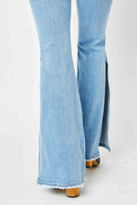 Full Size Mid Rise Raw Hem Slit Flare Jeans