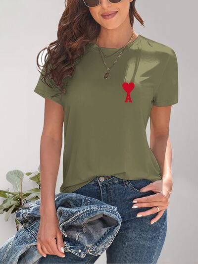 Heart Round Neck Short Sleeve T-Shirt