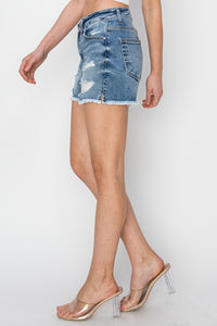 Stepped Waist Frayed Denim Shorts