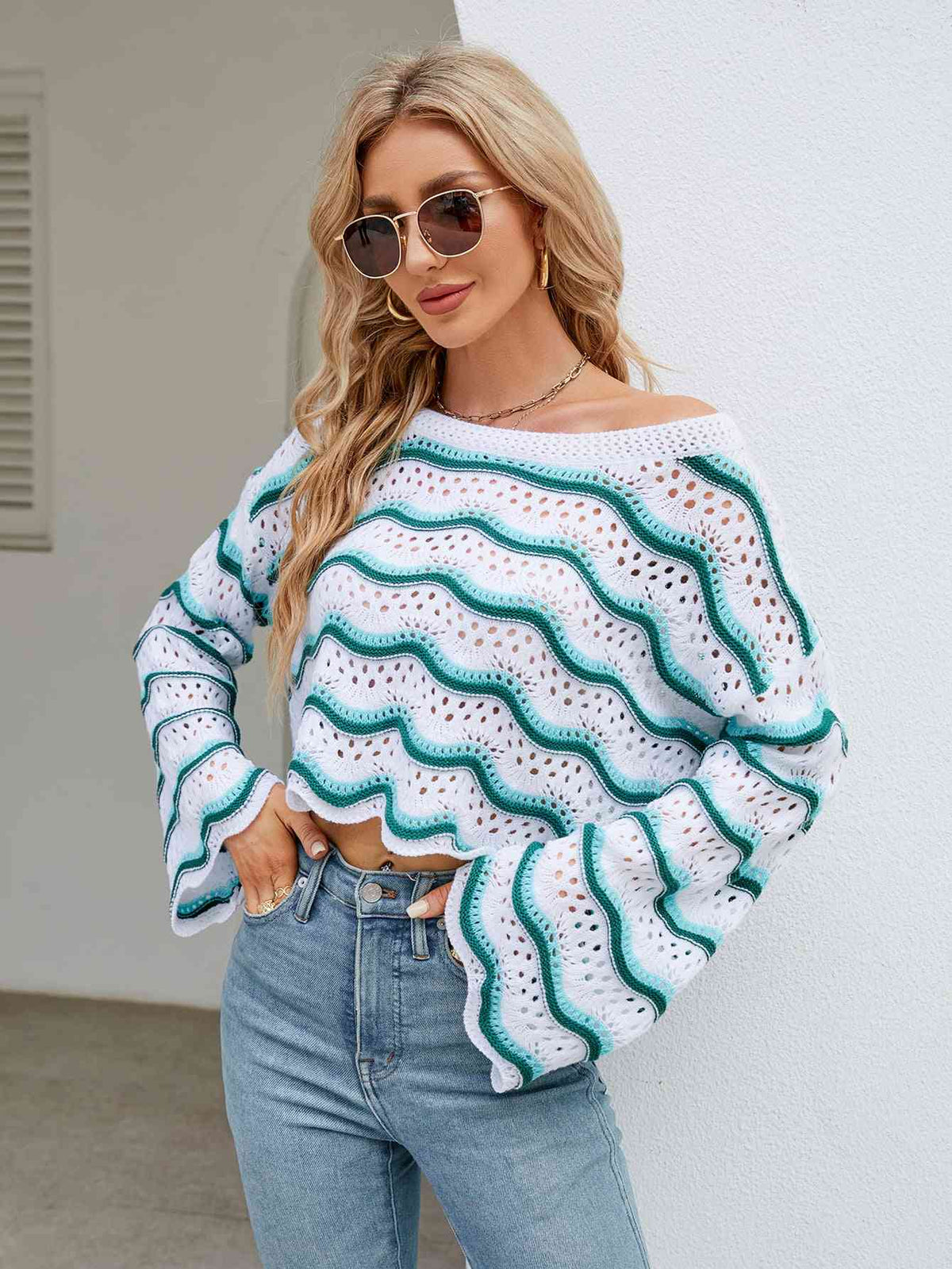 Round Neck Openwork Flare Sleeve Knit Top