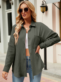 Button Up Collared Neck Drop Shoulder Shirt